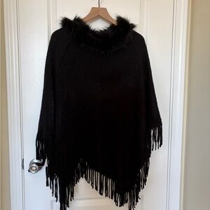 Elegant Black Fringed Women's Poncho